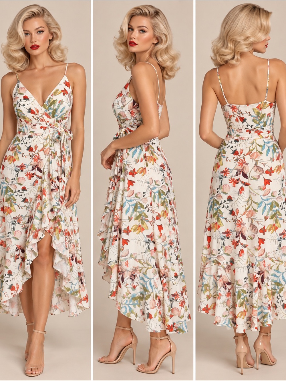 Cream Floral High-Low Wrap Dress with Tie Waist